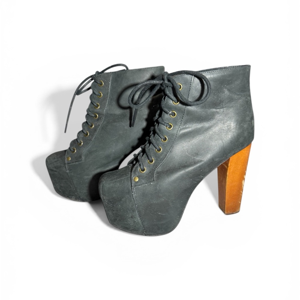 Jeffrey Campbell Black Lace-Up Platform Ankle Boots with Wood Heel